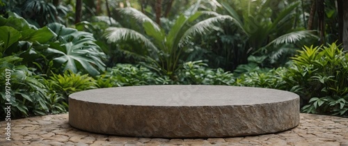 Empty stone round podium in green tropical garden with copy space for product display.