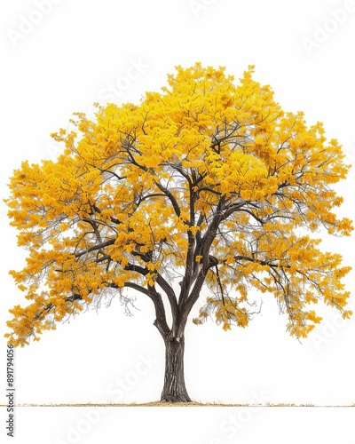 A tall tree with yellow leaves against a white background