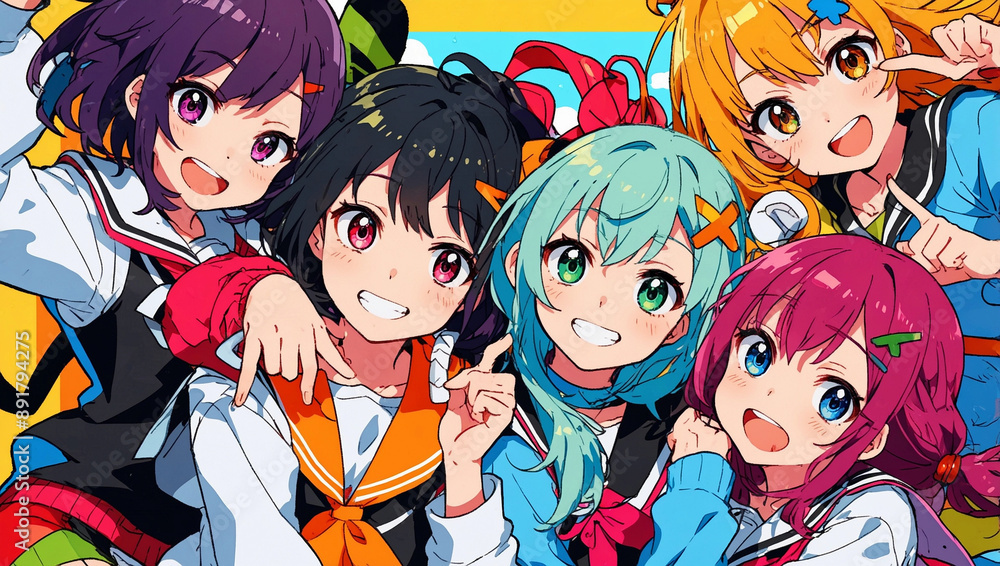 Cute lovely manga anime cartoon personage friends buddies animated movie banner poster Cute lovely manga anime cartoon personage friends buddies animated movie banner poster