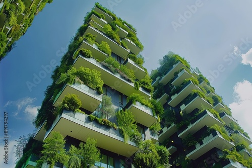 Green futuristic skyscraper Bosco Verticale, vertical forest apartment spacewith gardens on balconies. contemporary sustainable architecture in Porta Nuova district photo