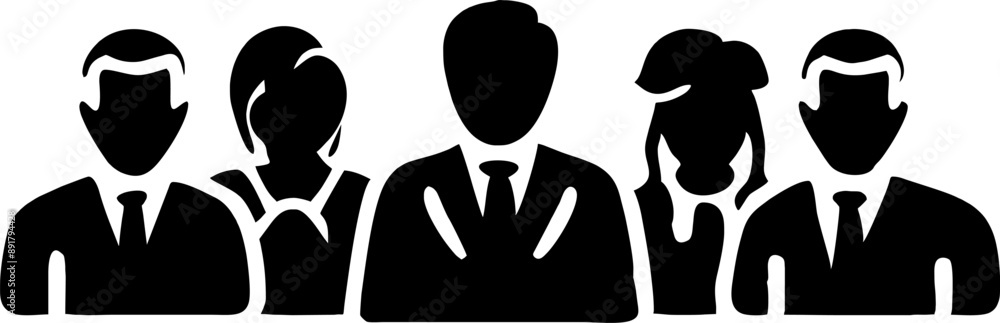 Silhouette of a group of people in business attire. The image features five figures, including men and women, in a simple, black and white style Silhouette of a group of people in business attire. The image features five figures, including men and women, in a simple, black and white style