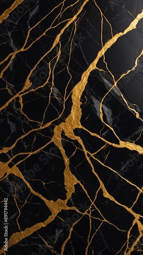 Black marble background with golden veins dark black onyx color with gold threads luxurious wallpaper. photo