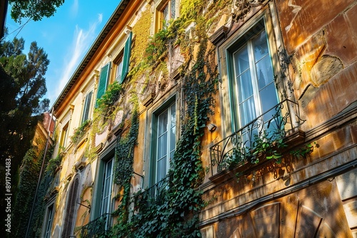 Typical facade of an ancient spacein the tourist district of Trastevere in Rome. Mansion coveturquoise with ivy with morning light. Tourist attraction in Rome photo