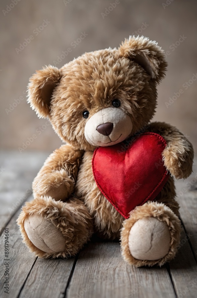 Obraz premium Beautiful Valentine background with a teddy bear hugging a red love symbol.