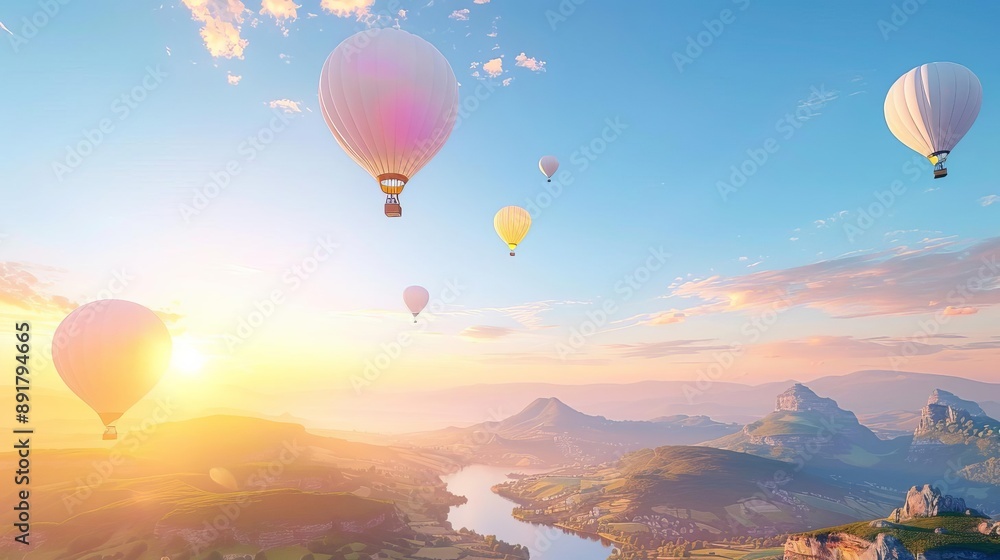 Hot air balloons floating over dramatic landscape at dawn Hot air balloons floating over dramatic landscape at dawn