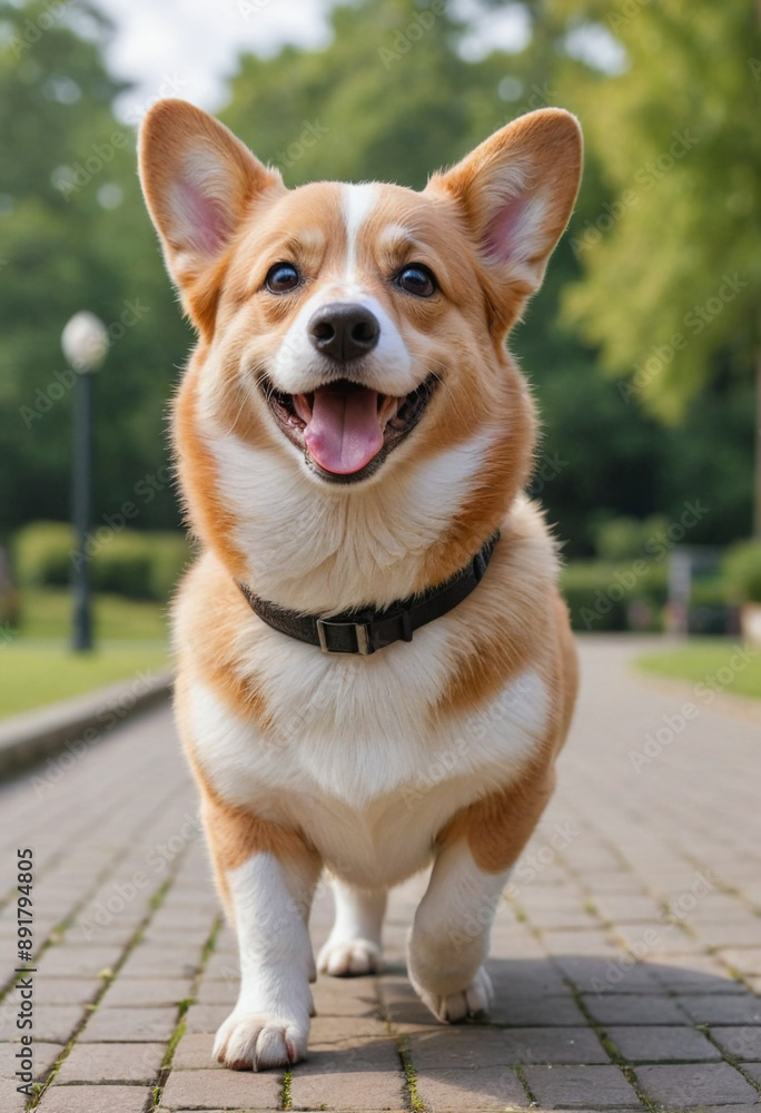A Corgi with a big smile on its face during a walk in the park. A Corgi with a big smile on its face during a walk in the park.