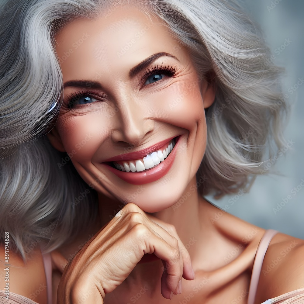Elegant Grey-Haired Woman Posing with Smile, Grace, and Confidence in Natural Light Elegant Grey-Haired Woman Posing with Smile, Grace, and Confidence in Natural Light