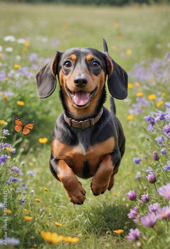 A Dachshund chasing butterflies in a field of wildflowers. A Dachshund chasing butterflies in a field of wildflowers.
