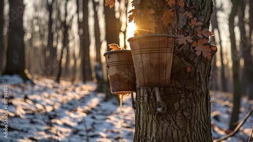 Maple syrup taps in trees, buckets collecting sap photo