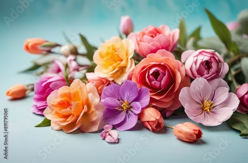 Wallpaper Mural Vibrant bouquet of pink orange yellow and purple flowers on blue background Torontodigital.ca