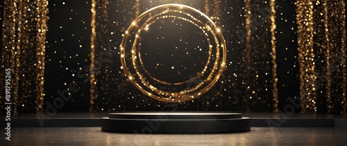 Black podium product stage with spotlight and golden glitter background.