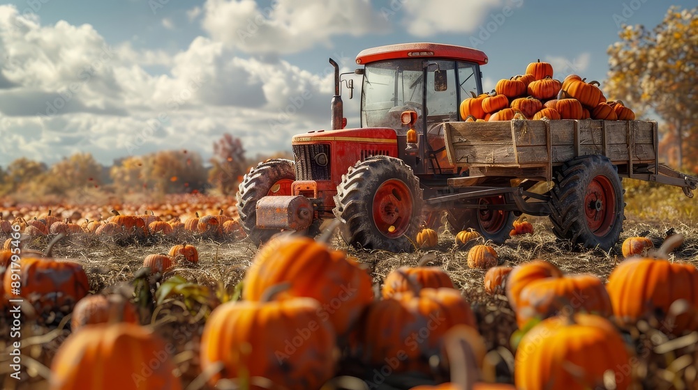 Obraz premium Tractor pulling wagon full of harvested pumpkins