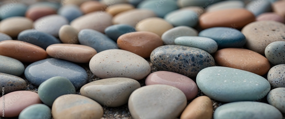 Aesthetic background featuring a collection of smooth pebbles in soft pastel colors Ideal for a minimalist design in social media posts or stories.