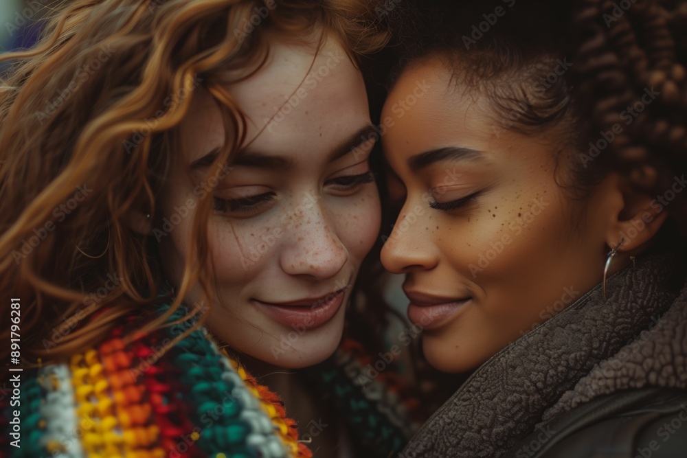 Close-up of two women embracing, one with curly hair and colorful scarf, the other with braids, displaying intimate and warm connection. Close-up of two women embracing, one with curly hair and colorful scarf, the other with braids, displaying intimate and warm connection.