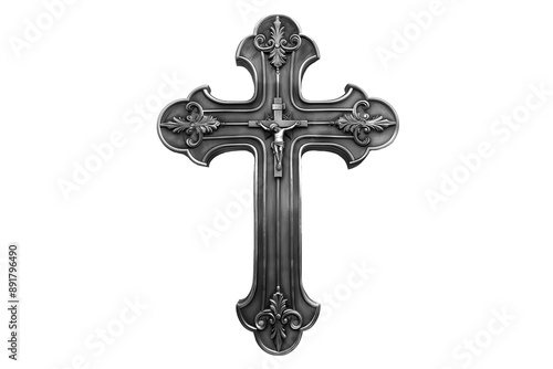A silver cross with a crucifix on it. The crucifix is Jesus Christ