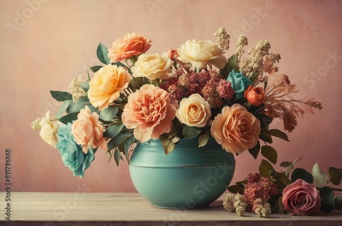 Wallpaper Mural Vintage bouquet of orange yellow roses flowers in blue vase Torontodigital.ca