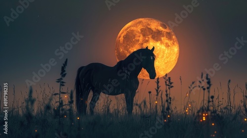 Fototapeta Naklejka Na Ścianę i Meble -  Horse silhouette against a full moon nights mystical