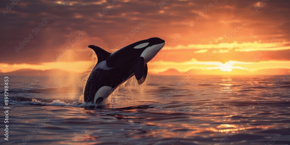 Killer whale breaching out of coastal waters at golden hour Killer whale breaching out of coastal waters at golden hour