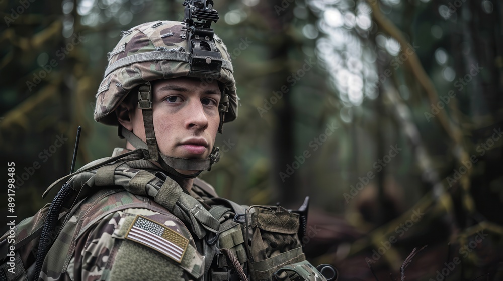Obraz premium Soldier in camouflage gear patrols a dense forest.