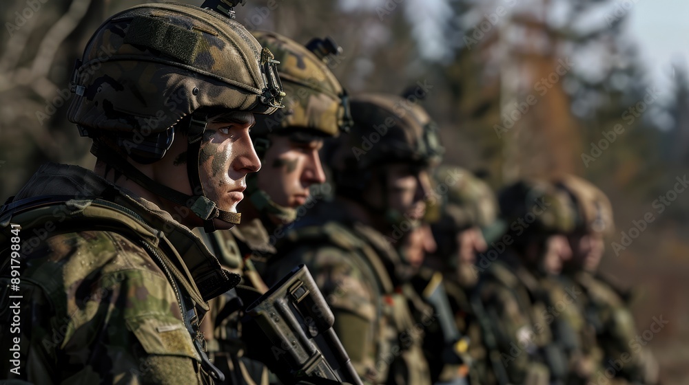 Soldiers in uniform standing in line. Soldiers in uniform standing in line.