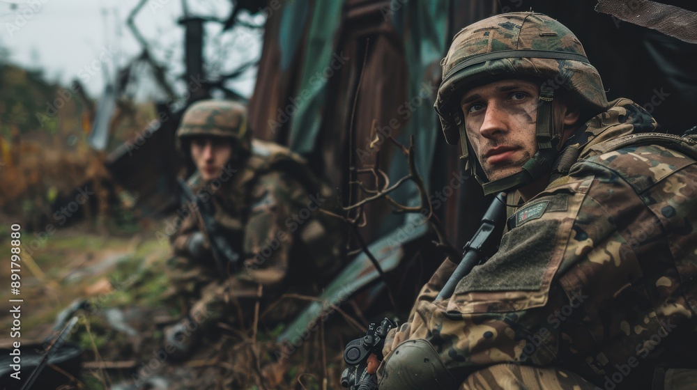 Soldiers in camouflage gear on a stealth mission in the wilderness. Soldiers in camouflage gear on a stealth mission in the wilderness.