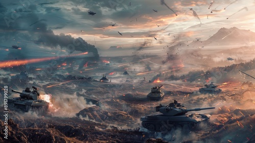 Dramatic battle scene with tanks and aircraft amidst a chaotic landscape