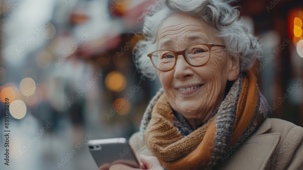 Obraz premium Senior Learning Smartphone: A senior learning to use a smartphone, smiling as they receive help from a younger person, with ample copy space on the right for text or graphics