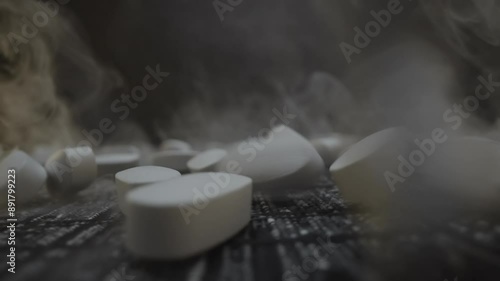 White pills fall on the table with smoke