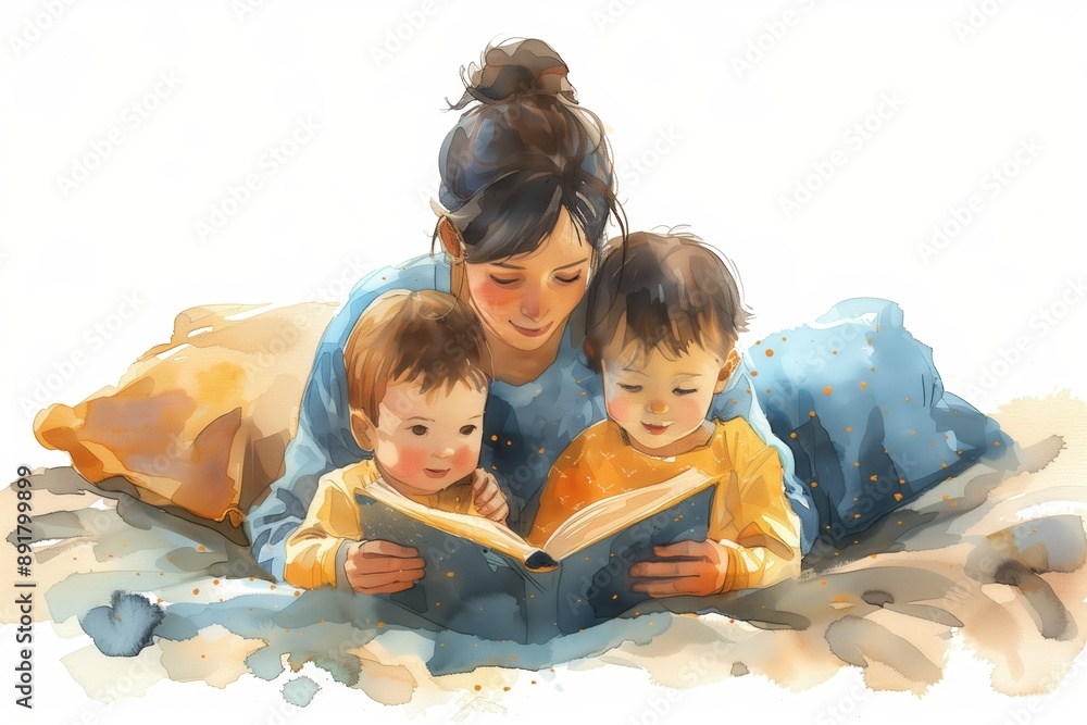Simple minimal illustrate style of Reading Bedtime Story: A teacher reading a bedtime story to their own children at home, cozy evening setting, ample copy space on a clear white background Simple minimal illustrate style of Reading Bedtime Story: A teacher reading a bedtime story to their own children at home, cozy evening setting, ample copy space on a clear white background