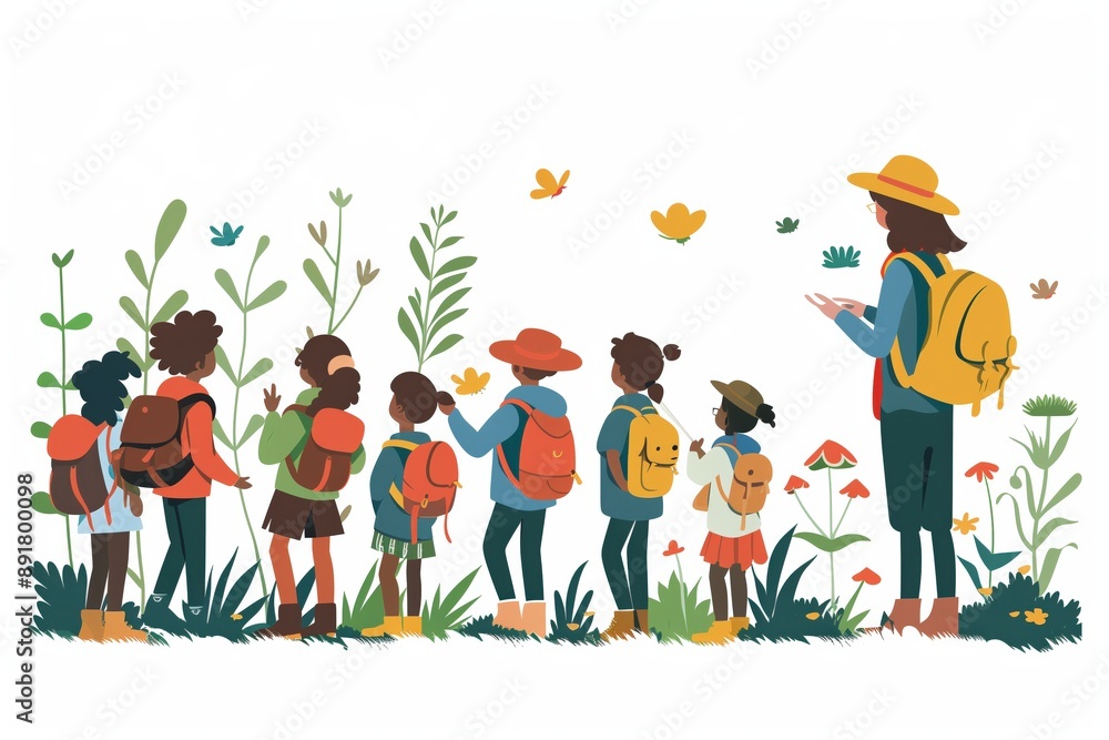 Fototapeta premium Simple minimal illustrate style of School Field Trip in Nature: A group of students on a school field trip, exploring nature with a teacher guiding them, ample copy space on a clear white background