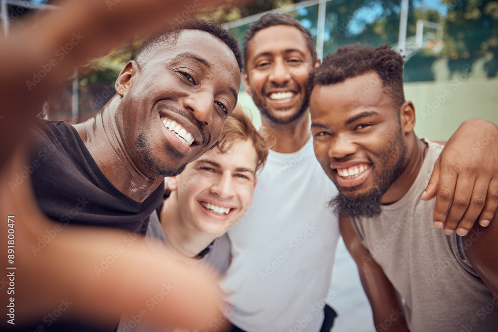 Obraz premium Portrait selfie of basketball men with a smile and happy on a court outdoor after training, exercise or game. Diversity ,cheerful and sport group of fit male athletes together after cardio workout