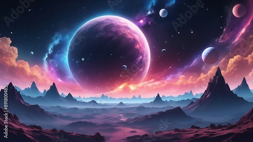 Cosmic space scene with planets, stars, and colorful nebula suitable for scifi book covers, posters, astronomy websites, and educational materials.