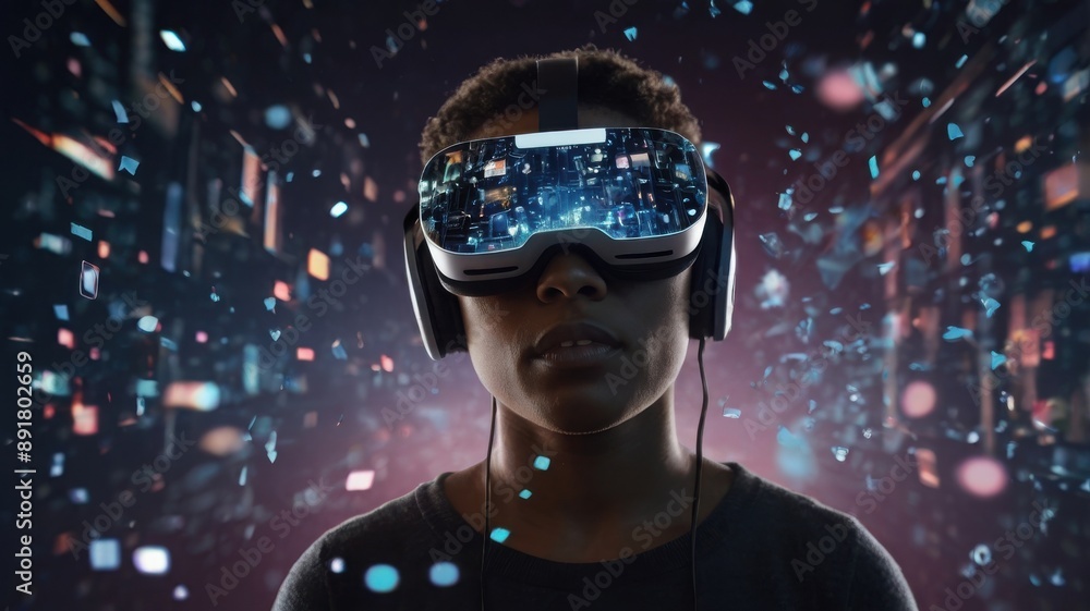 Young Person Experiencing Virtual Reality With Digital Confetti Young Person Experiencing Virtual Reality With Digital Confetti