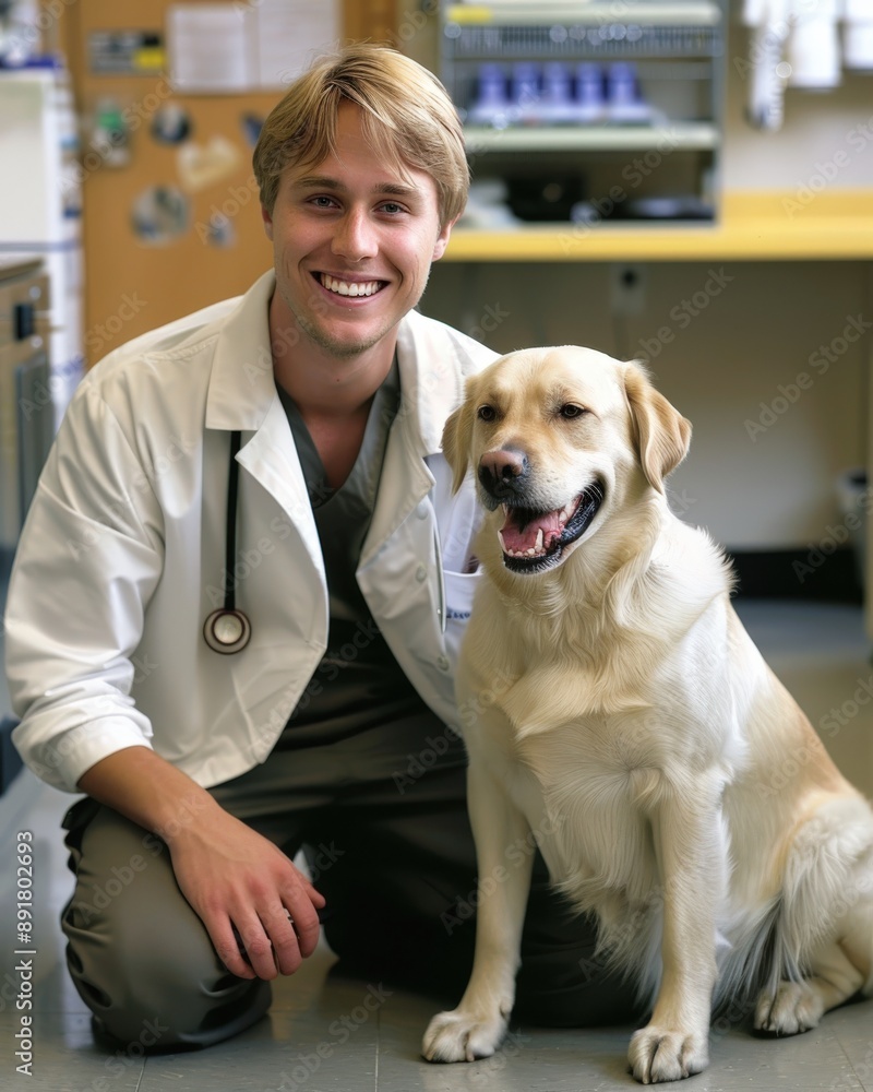 A Blond Vet with Dog in Modern Veterinary Clinic A Blond Vet with Dog in Modern Veterinary Clinic