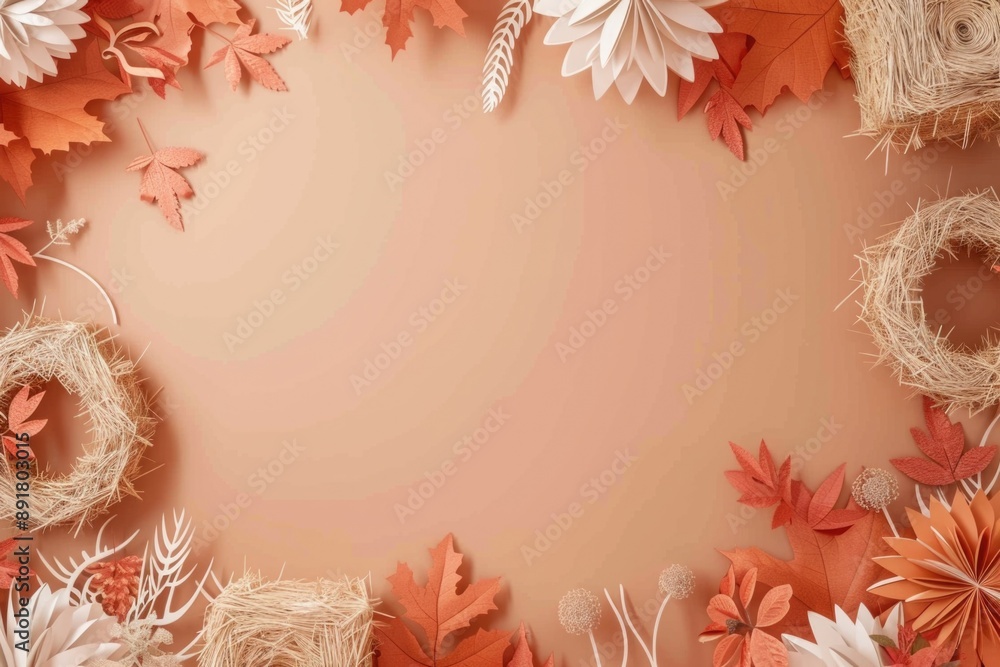 Autumn-Themed Background with Paper Cut Figures of Hay and Leaves for Seasonal Design Autumn-Themed Background with Paper Cut Figures of Hay and Leaves for Seasonal Design