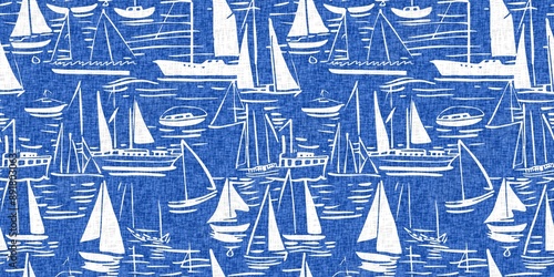 Coastal sail boat in azure ocean blue seamless border background. Modern sailing boat block print for decorative coast interior furnishing fabric for rustic linen beach cottage banner trend. 