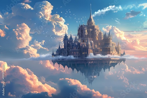 Majestic Floating Castle in the Sky Surrounded by Dreamy Clouds and Birds at Sunset