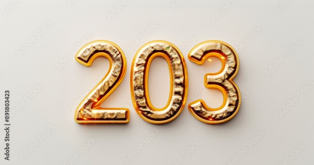 203 Shiny Golden Number Three on White Background 203 Shiny Golden Number Three on White Background