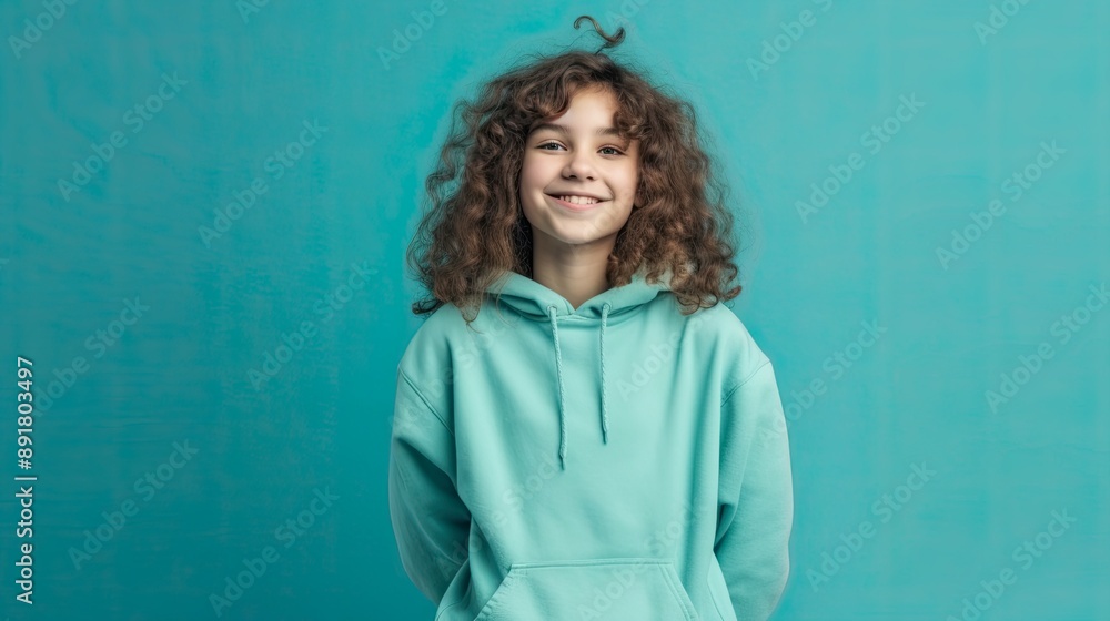 Fototapeta premium cheerful young young girl in clothes, simple teal background color for copy text space, wide screen for ads and banners