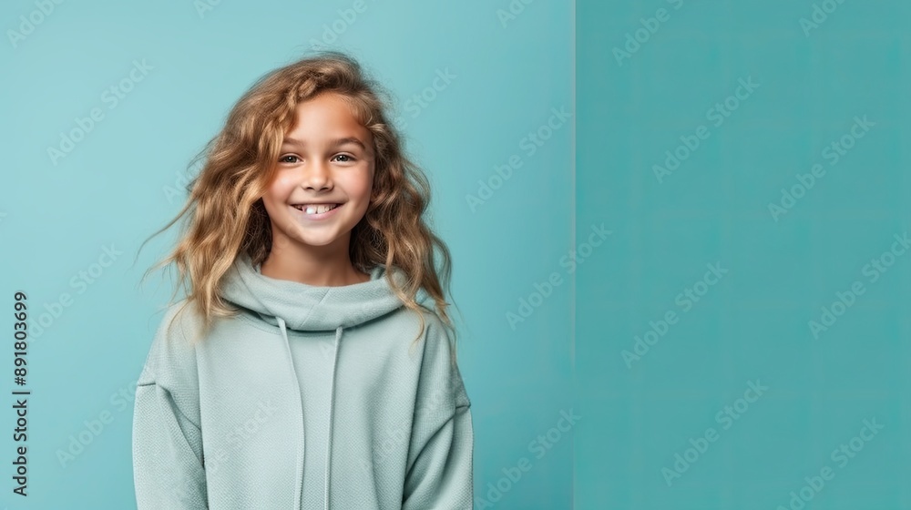 Fototapeta premium cheerful young young girl in clothes, simple teal background color for copy text space, wide screen for ads and banners