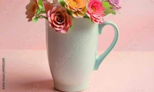 Wallpaper Mural Stock mockup video of ceramic mug surrounded by paper cutout flower decor. Pastel pink display background. Torontodigital.ca