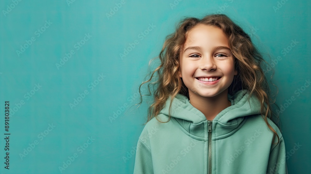 Fototapeta premium cheerful young young girl in clothes, simple teal background color for copy text space, wide screen for ads and banners