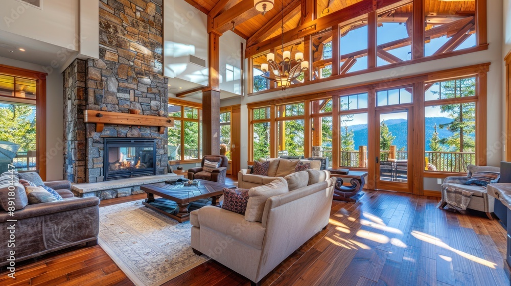 Fototapeta premium Modern Mountain Lodge Living Room with Stunning View