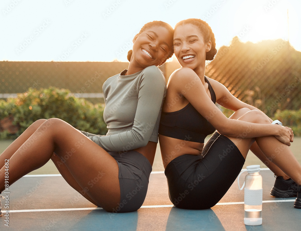 © KayJoint/peopleimages.com - Relax, fitness or friends on break in court for outdoor training in sports for workout, exercise or practice. Girls, laughing or happy people with support, love or smile for challenge or performance