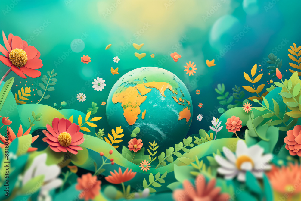 Beautiful illustration with 3D flowers and Earth Planet on green background. Beautiful illustration with 3D flowers and Earth Planet on green background.