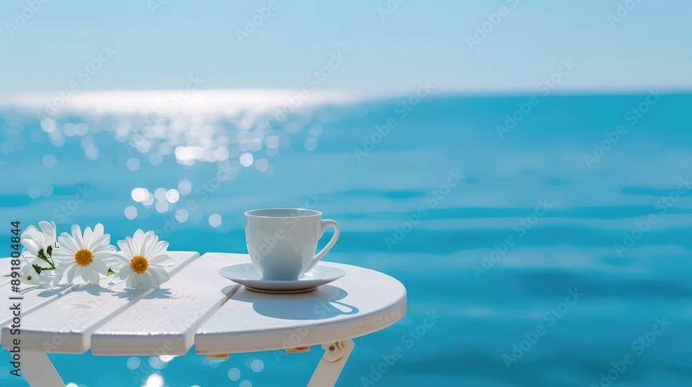 a bistro table with a coffee cup on it with an ocean view a bistro table with a coffee cup on it with an ocean view