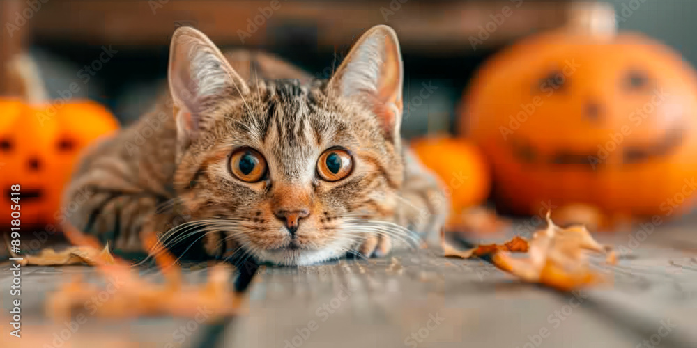 A cute tabby kitten sits among Halloween pumpkins and autumn leaves on a wooden floor. Concept for Halloween, pets, and festive decorations. Suitable for Halloween promotions, festive marketing, A cute tabby kitten sits among Halloween pumpkins and autumn leaves on a wooden floor. Concept for Halloween, pets, and festive decorations. Suitable for Halloween promotions, festive marketing,