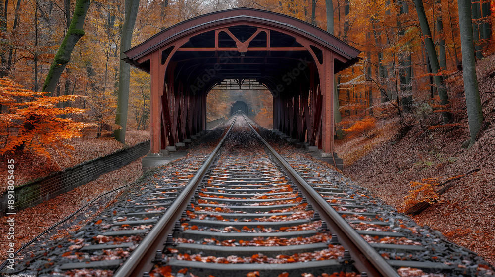 Railway Tunnel Through Vibrant Autumn Forest.. Railway Tunnel Through Vibrant Autumn Forest..