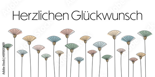 Herzlichen Glückwunsch - Schriftzug in deutscher Sprache. Banner mit einer modernen Illustration abstrakter Blumen in Pastellfarben.