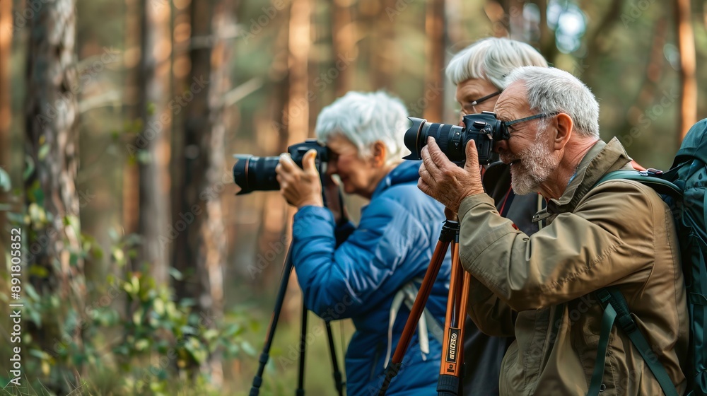 Elderly Photographers Capturing Nature in the Forest Elderly Photographers Capturing Nature in the Forest